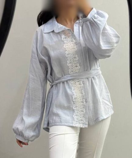 شومیز طوسی گیپور دار زنانه