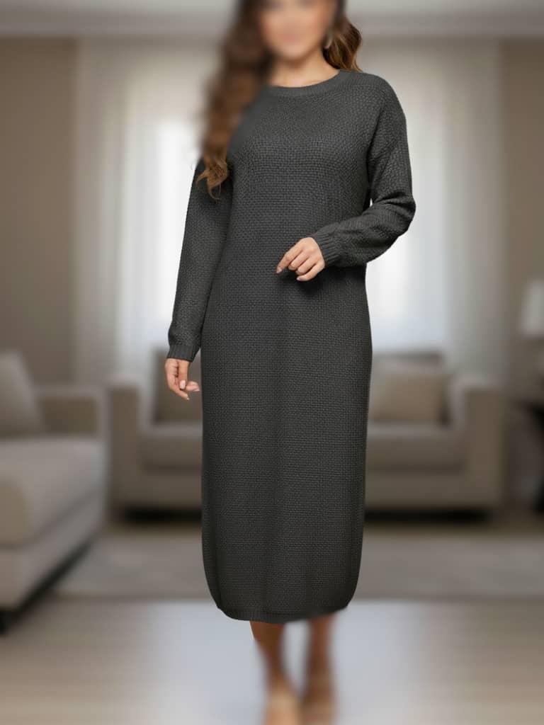 پیراهن بافت ساده یقه گرد قهوه ای