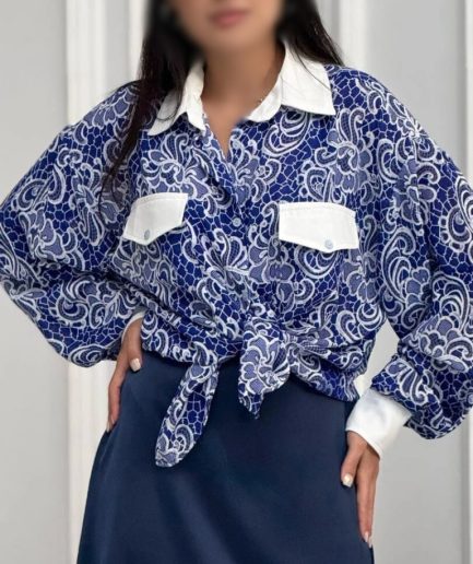 شومیز آبی کرپ حریر زنانه