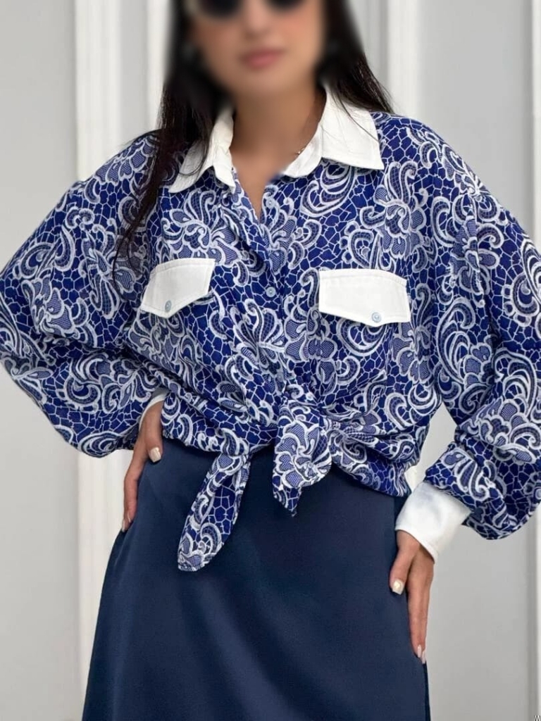 شومیز آبی کرپ حریر زنانه