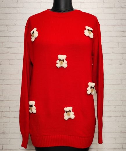 پلیور قرمز استیکر تدی برجسته زنانه