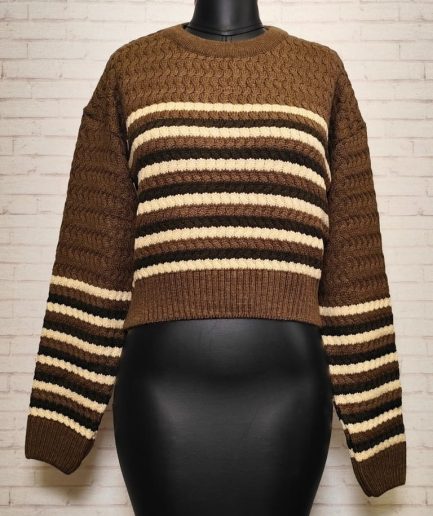 پلیور کراپ پرچمی قهوه ای زنانه