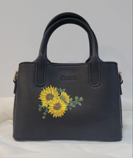 کیف چرم مشکی گل آفتابگردان زنانه