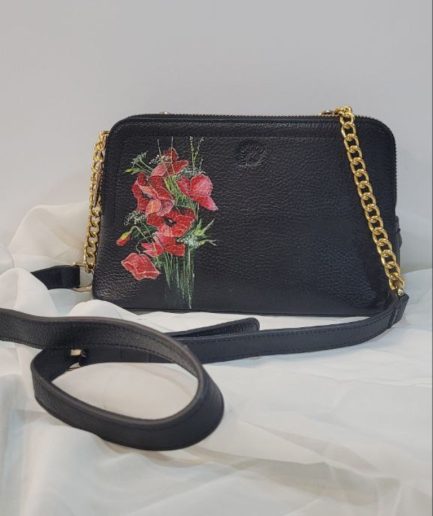 کیف چرم مشکی گل بهاری زنانه