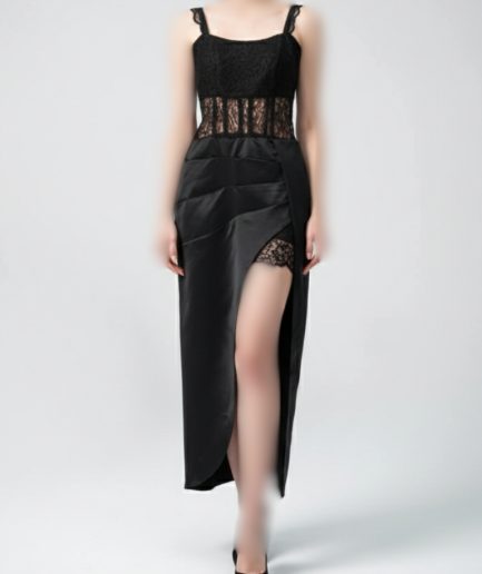 پیراهن مشکی بلند ساتن تور زنانه