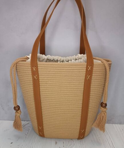 کیف ساحلی کرمی بند چرمی زنانه