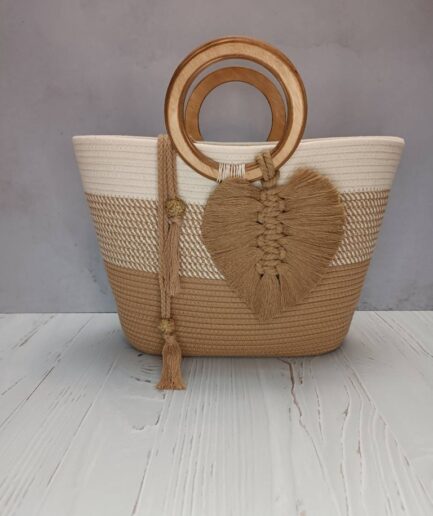 کیف ساحلی دسته چوبی کرمی زنانه