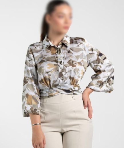 بلوز کراپ یقه مردانه سبز کرم زنانه